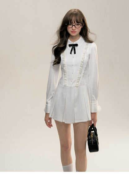 Pleated Shirt Dress With Removable Bow Tie