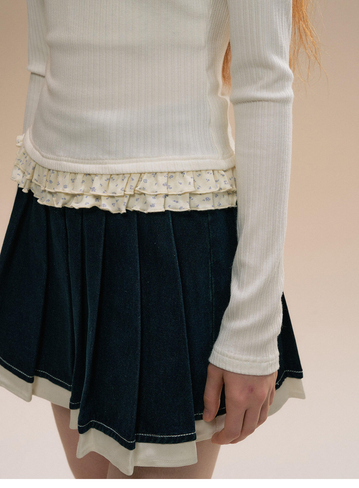 Layered-Look Rib Knit Top With Small Floral Frills