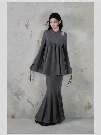 Qipao Style Twill Draped Top And Fishtail Skirt