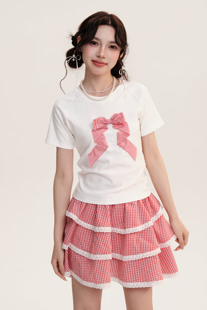 Checkered Three Dimensional Bow Round Neck T-Shirt