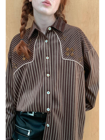 Retro-Inspired Faux Suede Beaded Striped Shirt