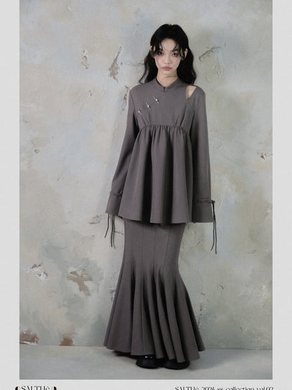 Qipao Style Twill Draped Top And Fishtail Skirt