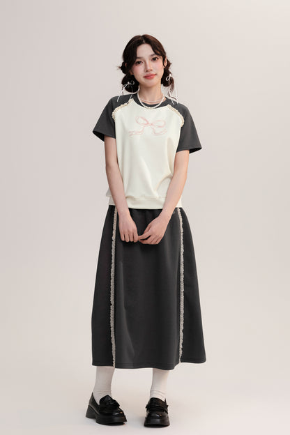 Bow Embroidery Frilled Raglan T-Shirt And Long Skirt