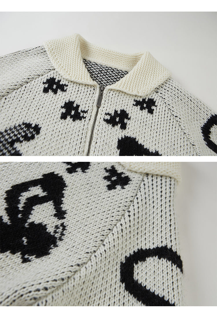 Fair Isle Zip Cardigan With Art Motif