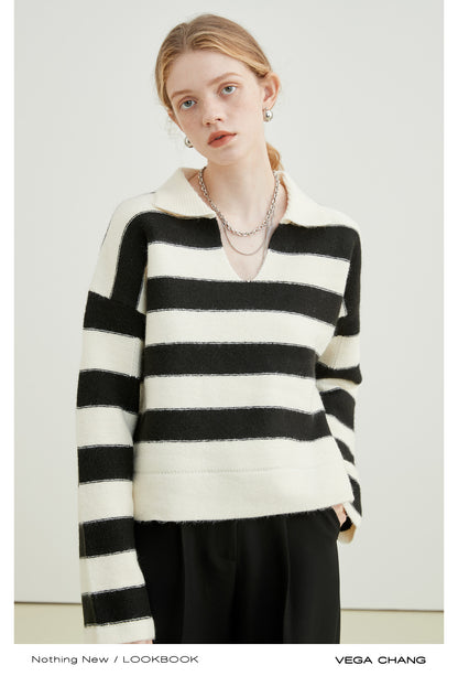 Polo Collar Open V-Neck Striped Sweater