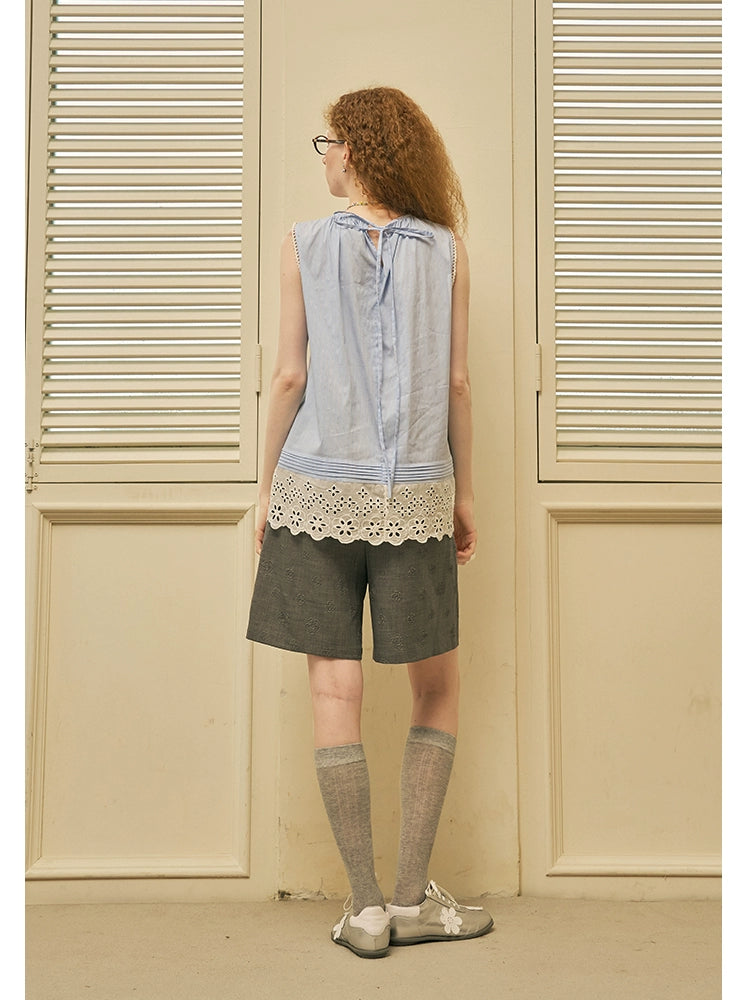 Lace Bow Embroidery Striped Sleeveless Top With Shirred Neck