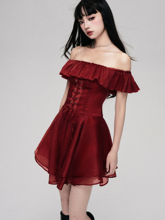 Off Shoulder Lace-Up Glossy Chiffon Dress