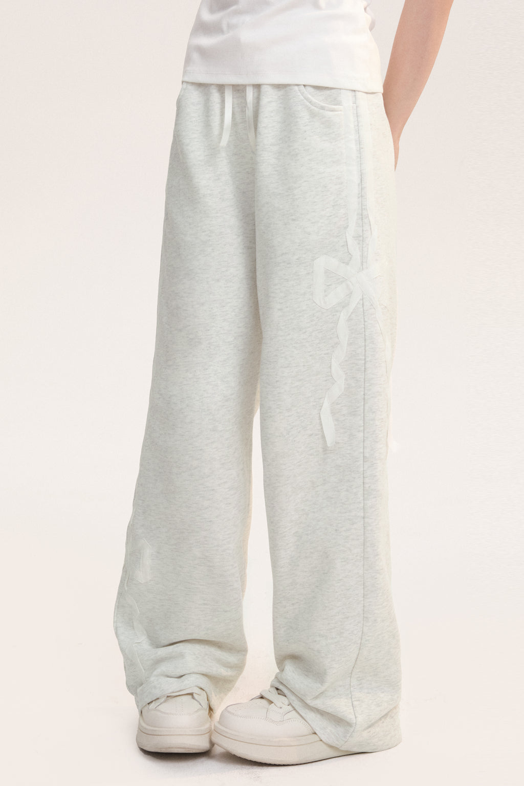 Lace Bow Patched Straight Wide Leg Sweatpants