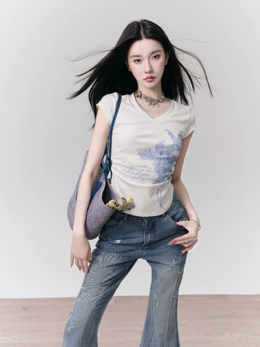 Lily Floral Print V-Neck Slim Fit Ruched T-Shirt