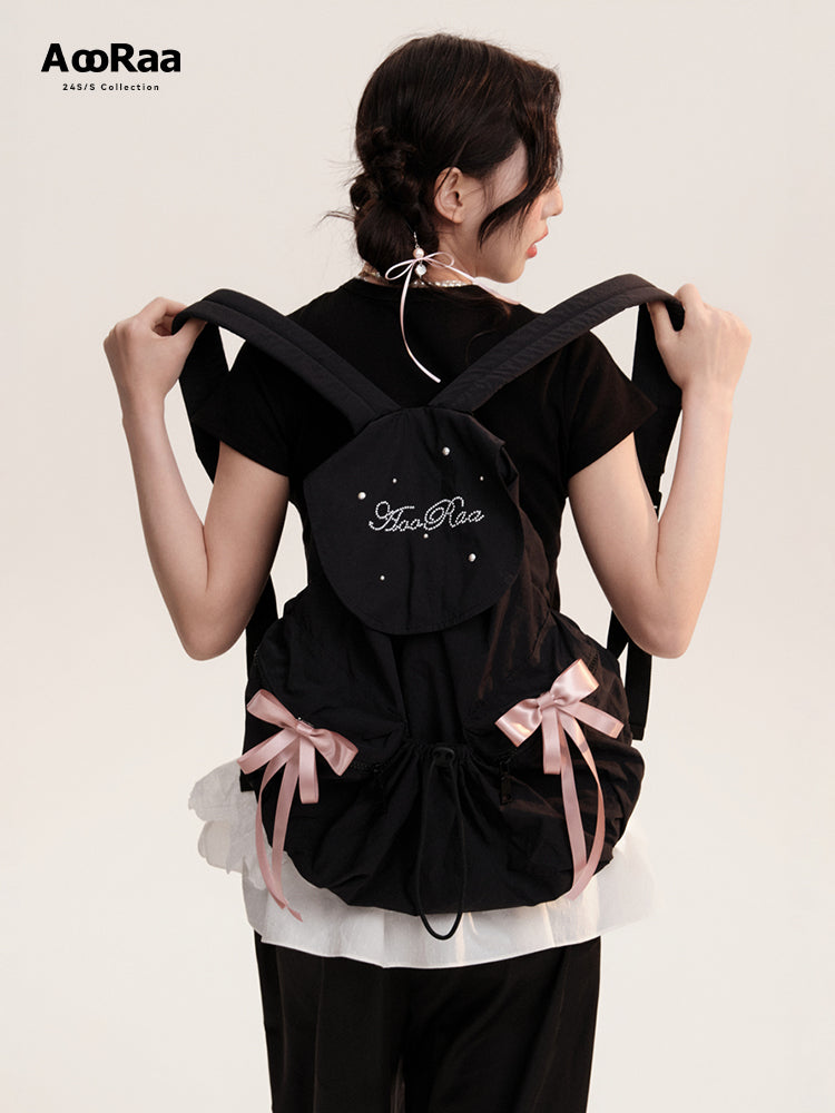 Drawstring Backpack With Decorative Satin Ribbons