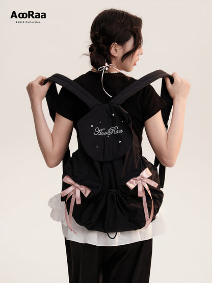 Drawstring Backpack With Decorative Satin Ribbons