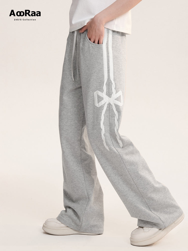 Lace Bow Patched Straight Wide Leg Sweatpants