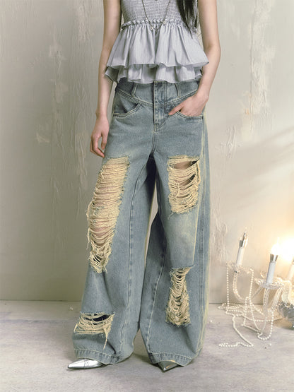 Vintage Style Distressed Shredded Wide Leg Jeans