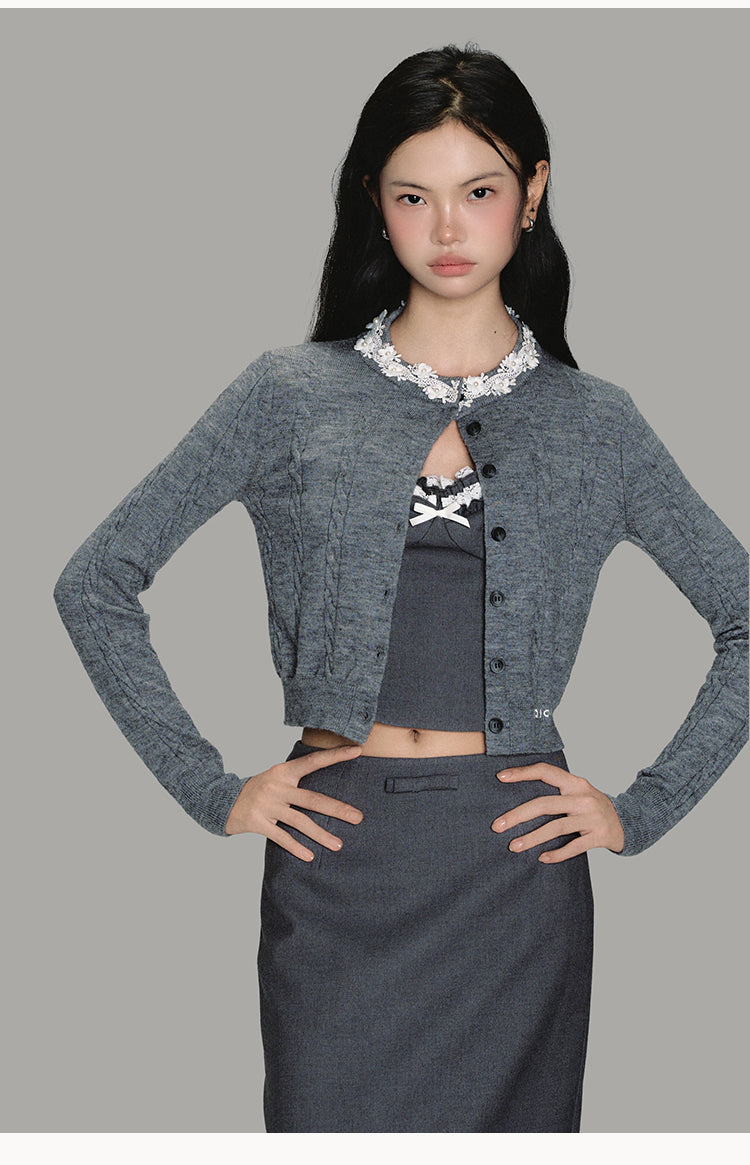 Beaded Lace-Trim Twist Cable Knit Cardigan