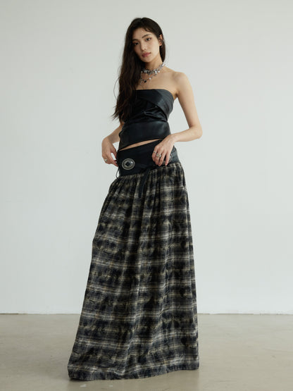 Plaid Long Skirt With Faux Leather Belted Waist