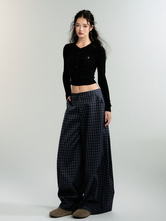 Low Rise Plaid Wide-Leg Straight Trousers