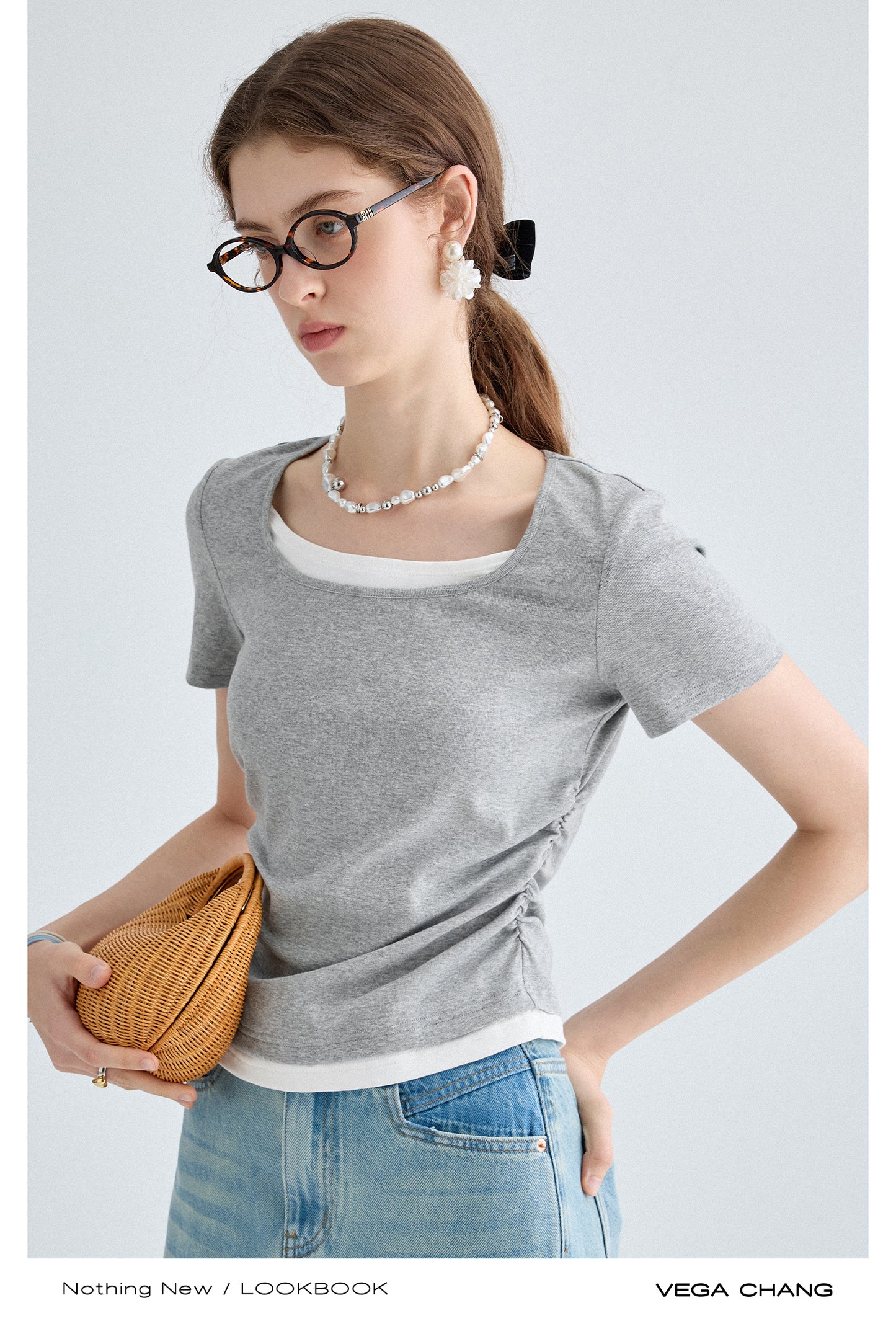 Faux Layered T-Shirt And Long Washed Denim Skirt