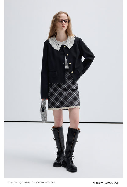 Heart Button Lace Collar Jacket, Bias Plaid Skirt