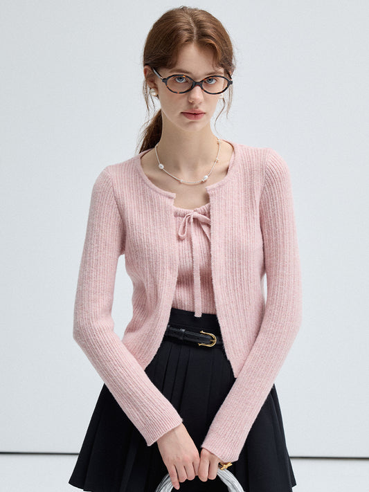 Ribbed Halter And Open Front Knit Cardigan Set