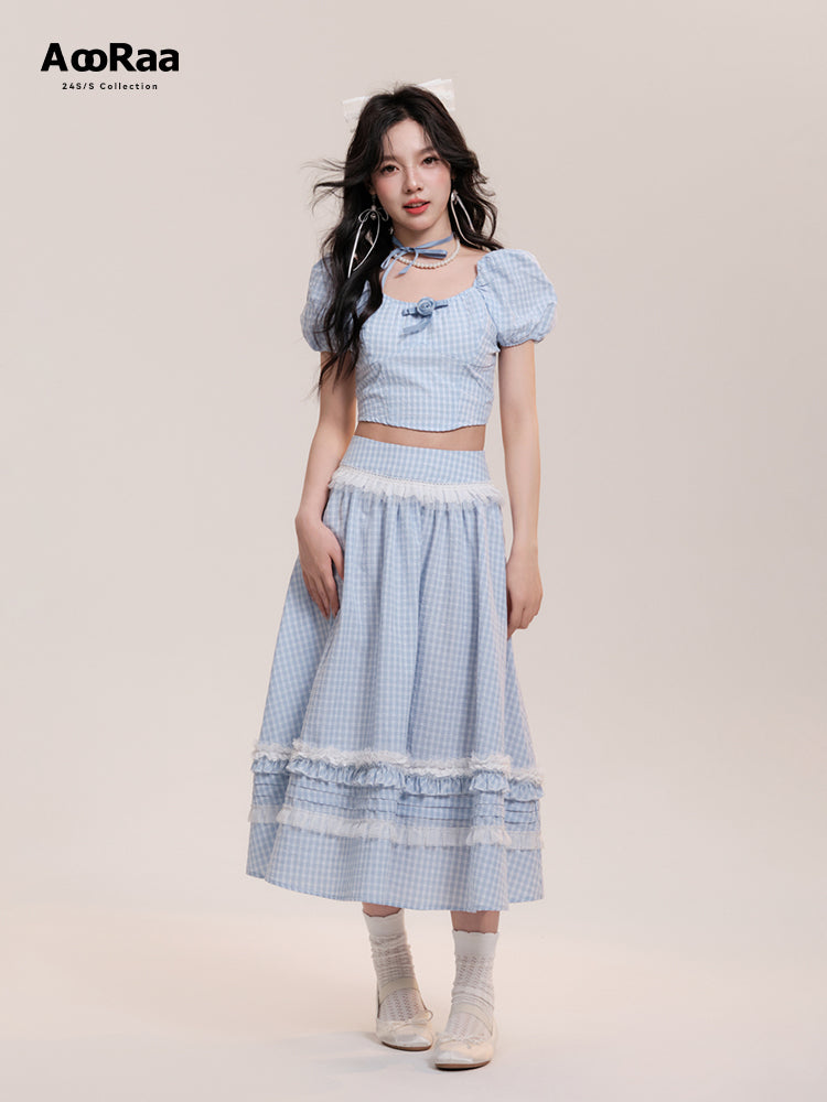 Rose Checkered Puff Sleeve Top And Frilled Skirt