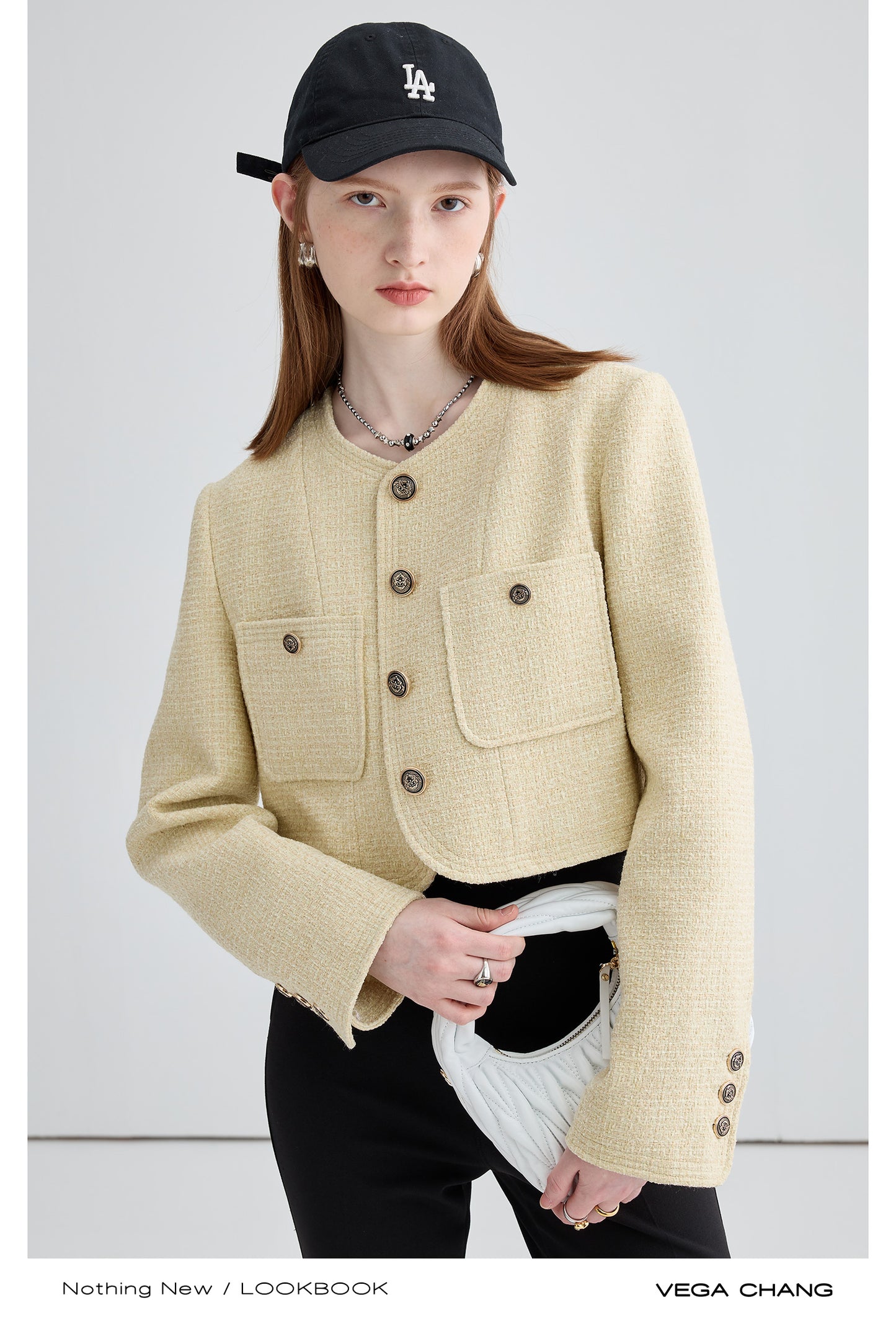 Wool Blend Collarless Cropped Tweed Jacket