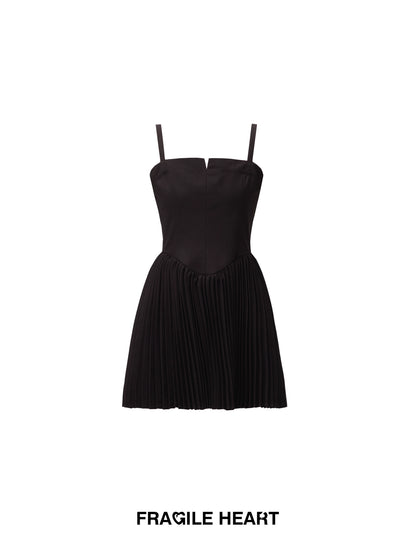 High Waist Pleated Silky Twill Short Dress With Wide Straps