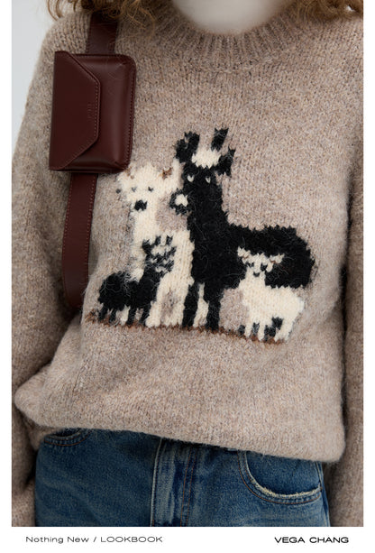 Wool Blend Relaxed Fit Deer Motif Sweater