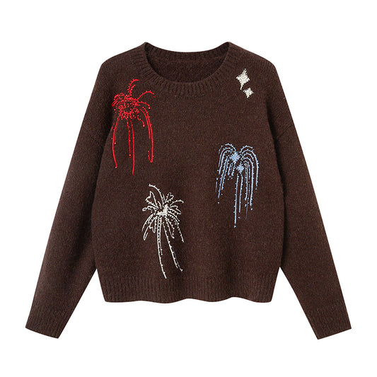 Colorful Beaded Fireworks Embroidery Sweater