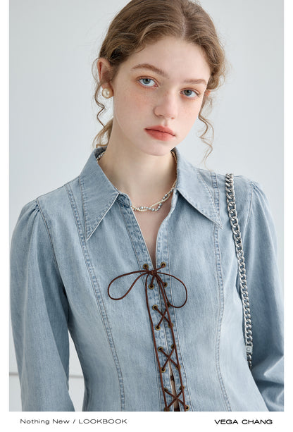 Gathered Princess Sleeve Lace-Up Denim Shirt