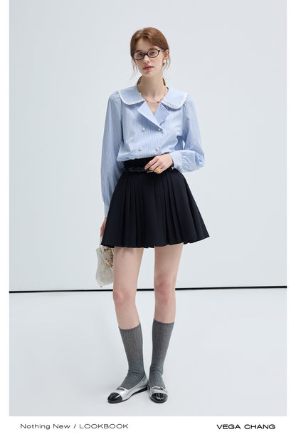 Frilled Round Collar Puff Sleeve Stripe Blouse