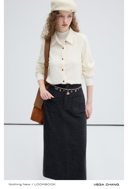 Wool Blend High Waist Pocketed Straight Long Skirt