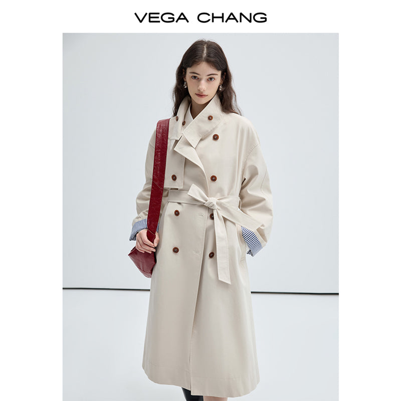 Striped Cuff Stand Collar Classic Trench