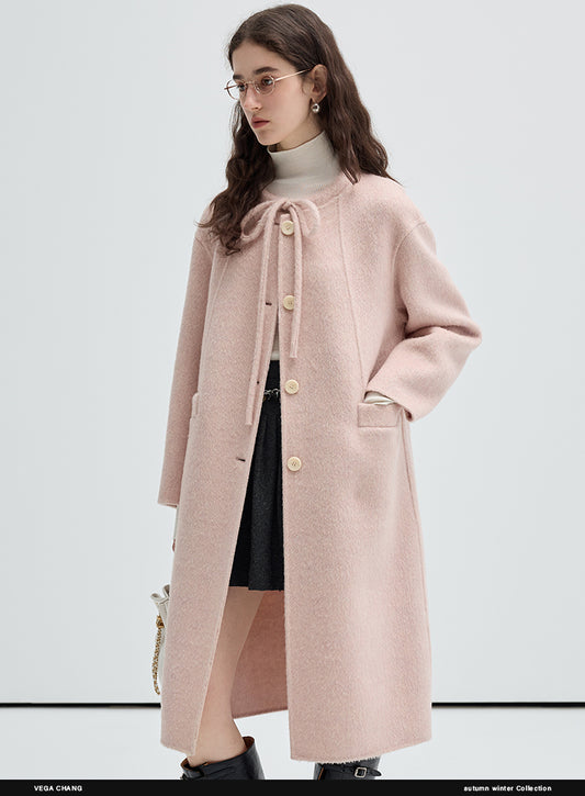 Wool-Silk Blend Collarless Tie Neck Coat