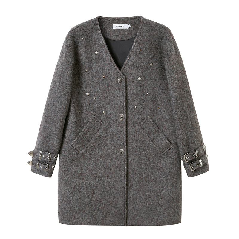 Wool Blend Studded V-Neck Coat