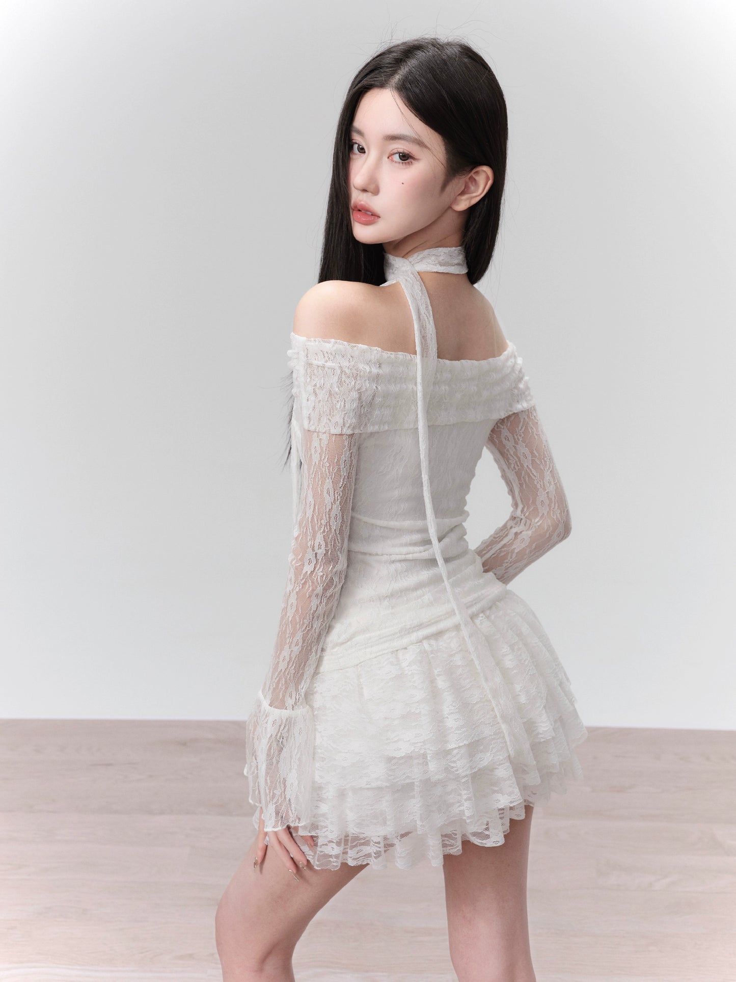 Lace Flared Cuff Top And Ruffled Mini Skirt With Neck Tie