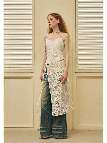 Geometric Lace Apron Skirt With Tie Closure