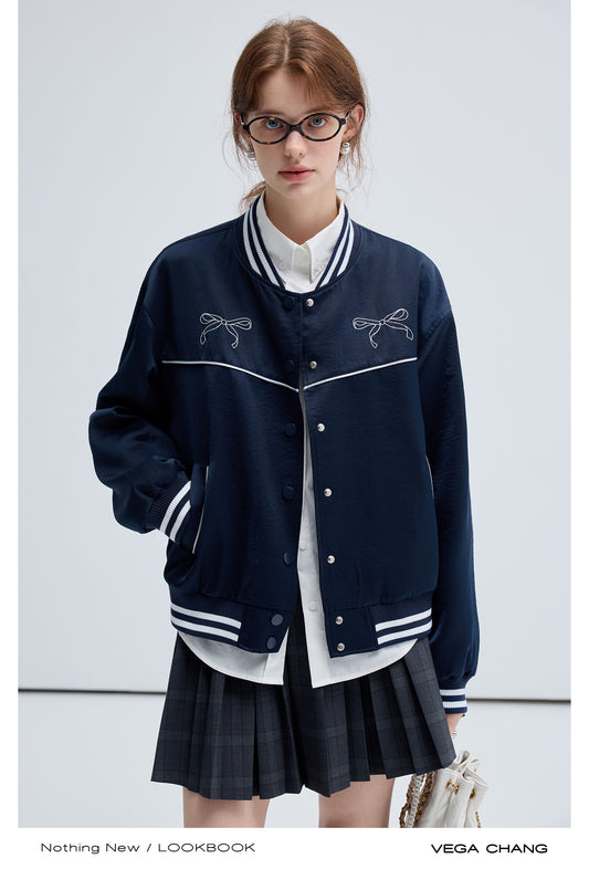 Bow Motif Embroidery Sporty Casual Varsity Jacket