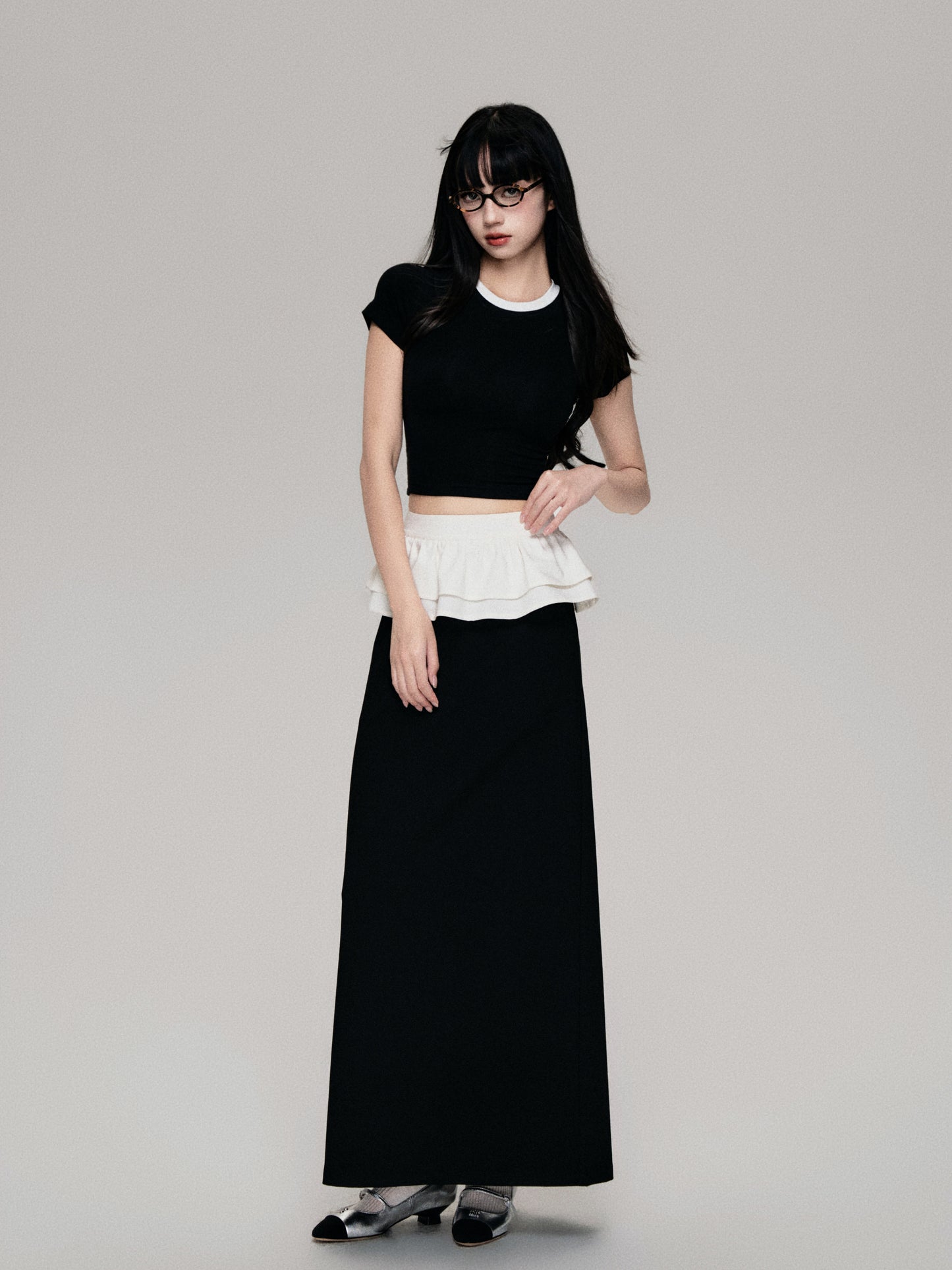 Contrast Color Back Slit Long Peplum Skirt