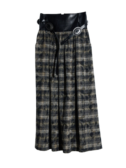 Plaid Long Skirt With Faux Leather Belted Waist