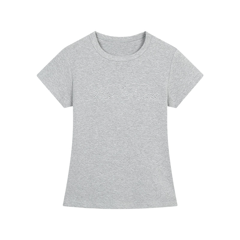 Rhinestone Letter Round Neck Cotton Basic T-Shirt