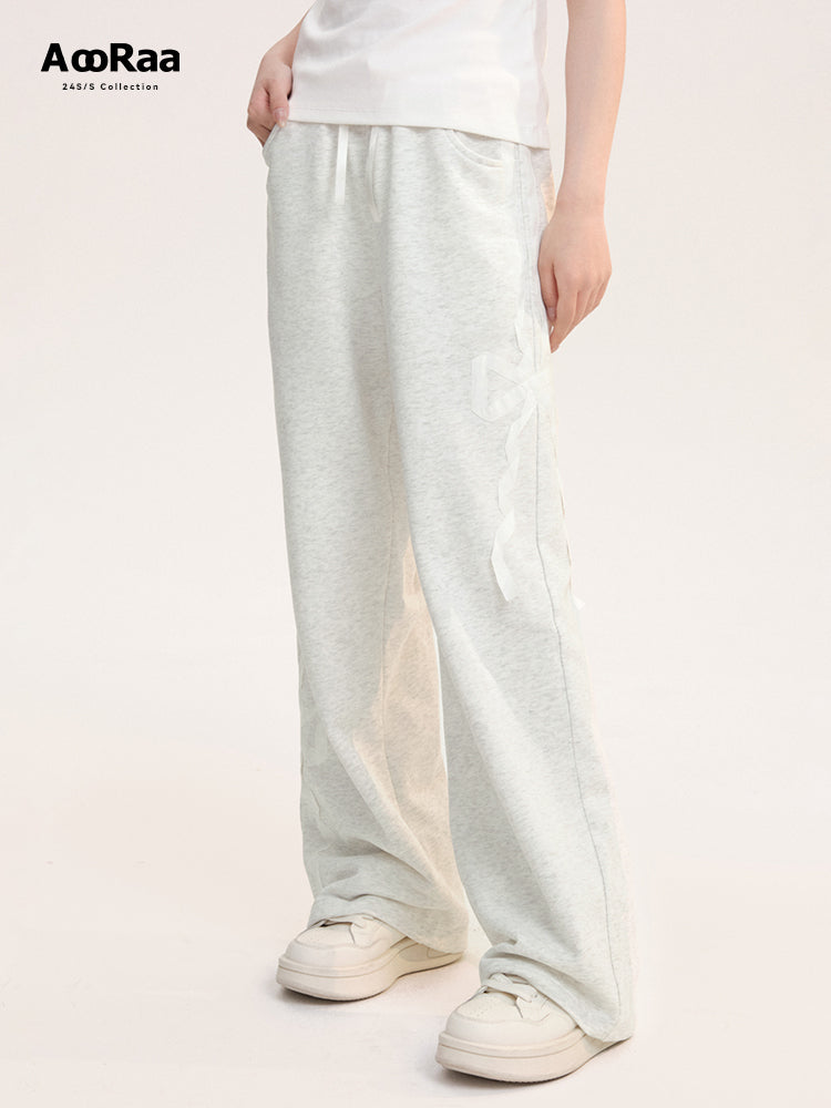 Lace Bow Patched Straight Wide Leg Sweatpants