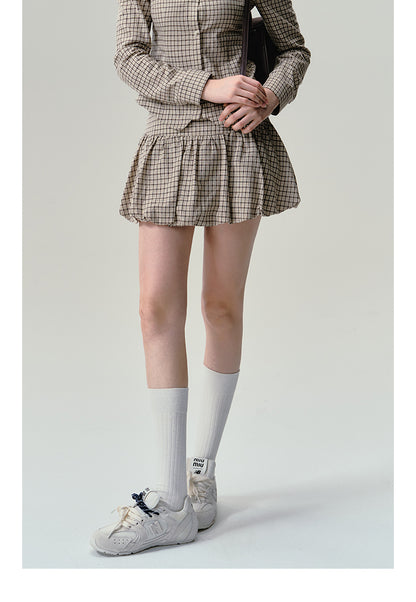 Cotton Plaid V-Hem Shirt And Balloon Mini Skirt Outfit