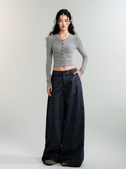 Low Rise Plaid Wide-Leg Straight Trousers