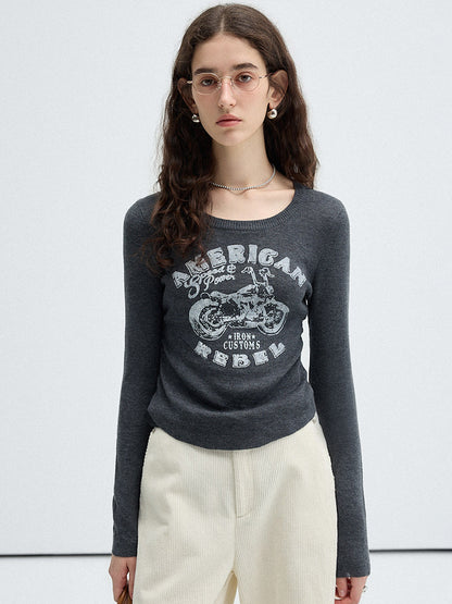 Motorbike Print Side Gather Knit Top