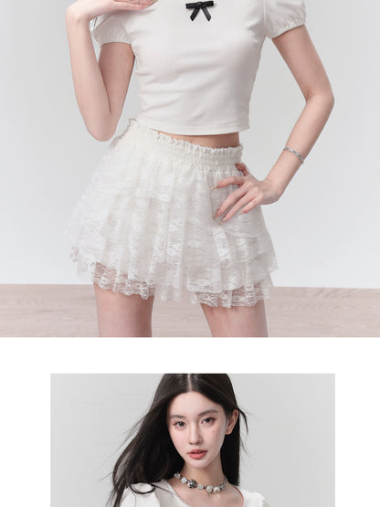 Basic Puff Sleeve Short Top And Ruffled Lace Skirt