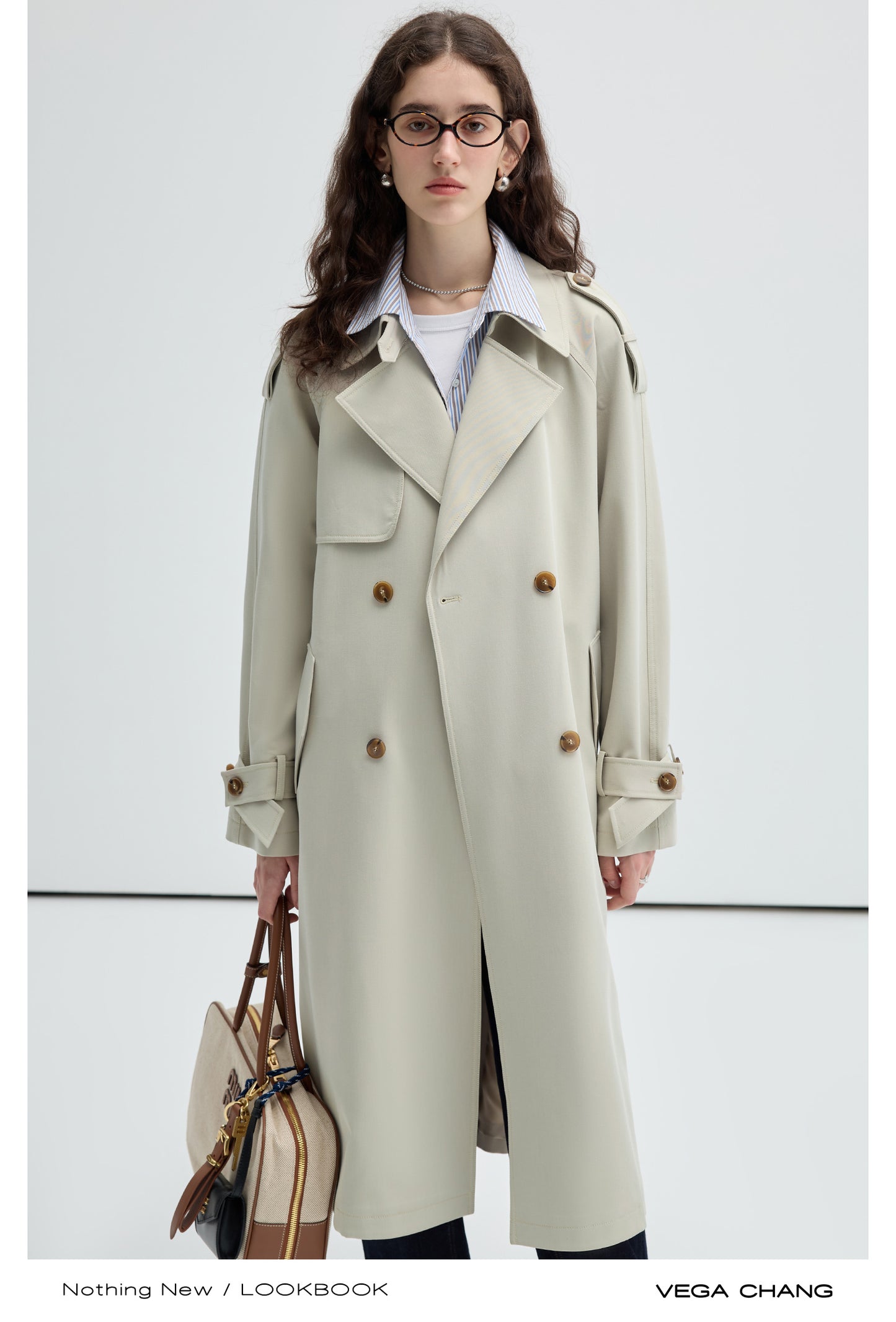 Belted Trench Coat With Faux Two-Piece Stripe Shirt