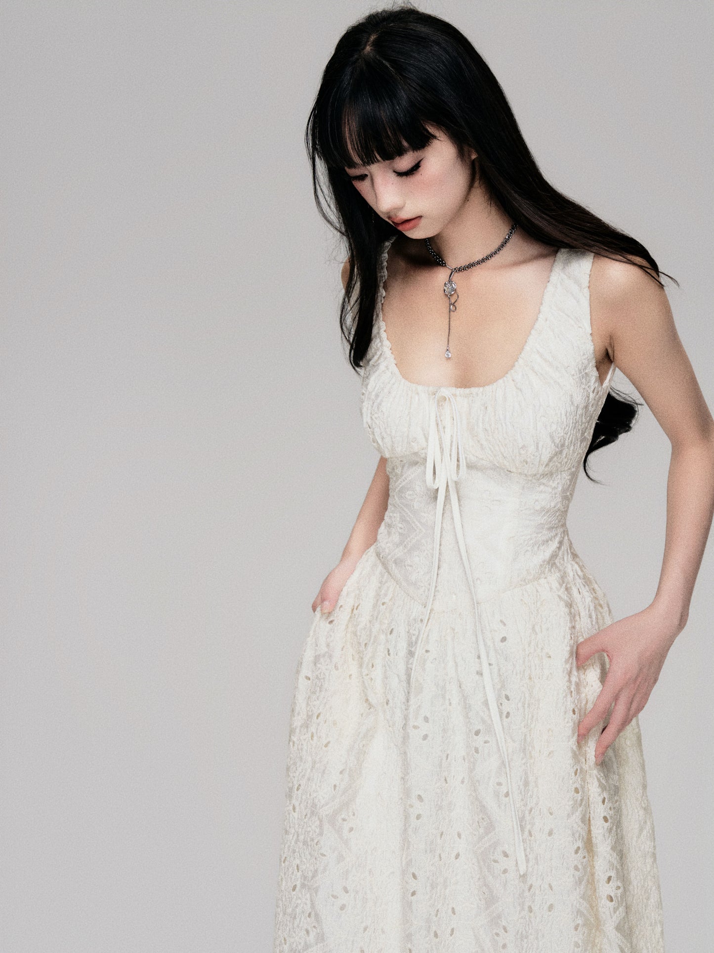 Eyelet Embroidered Lace Gathered Neck Long Dress