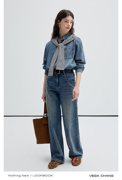 Washed Denim Shirt, Matching Straight-Leg Jeans