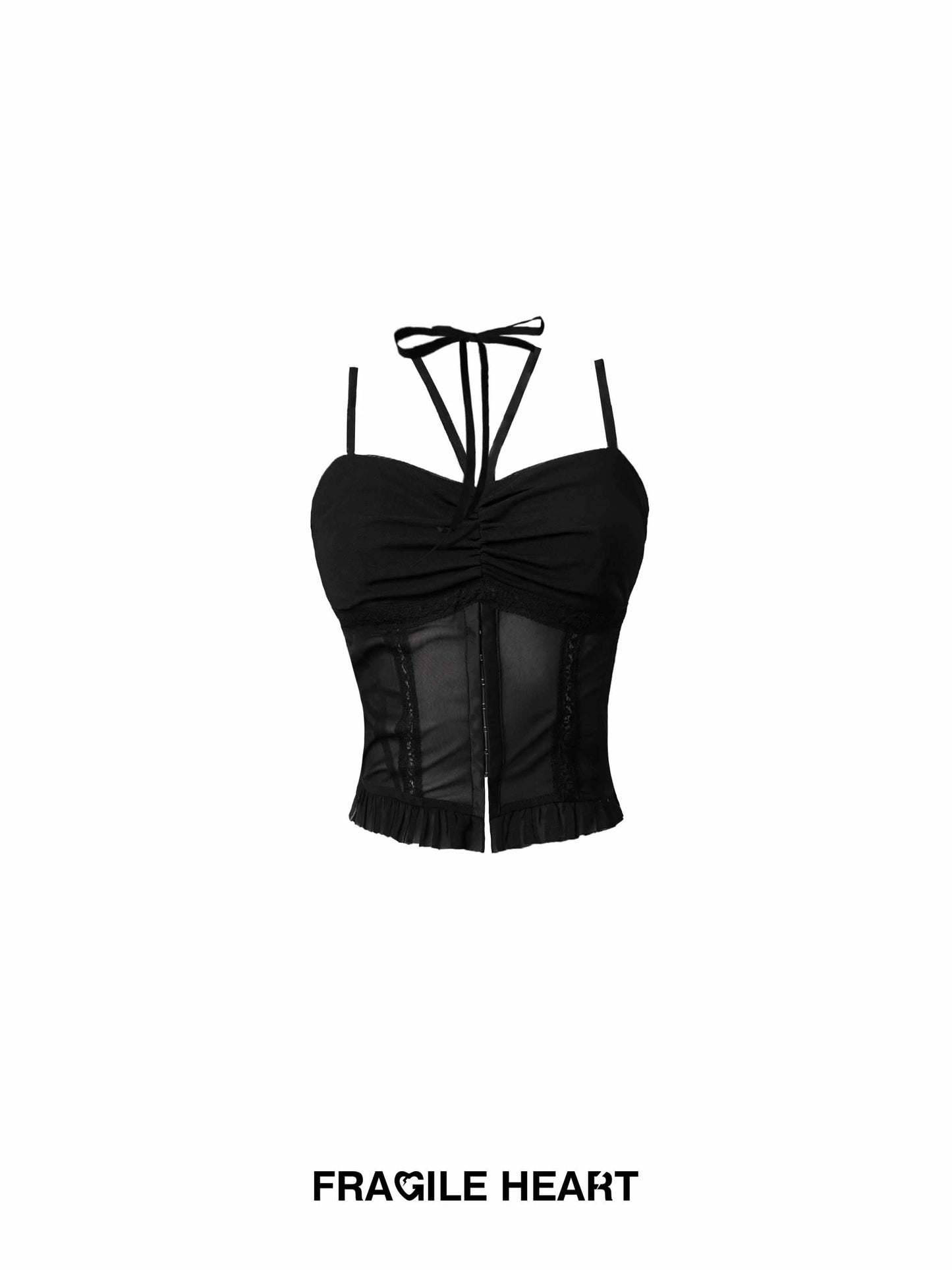 Sheer Halter Neck Bustier Camisole Top With Ruffled Hem