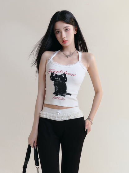 Cat Print Racerback Cotton Rib Lace Cami Top